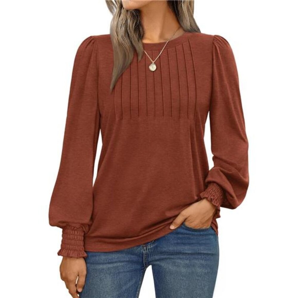 Womens Long Sleeve Blouse Pleated Business Casual Shirt Smocked Cuff Work Top